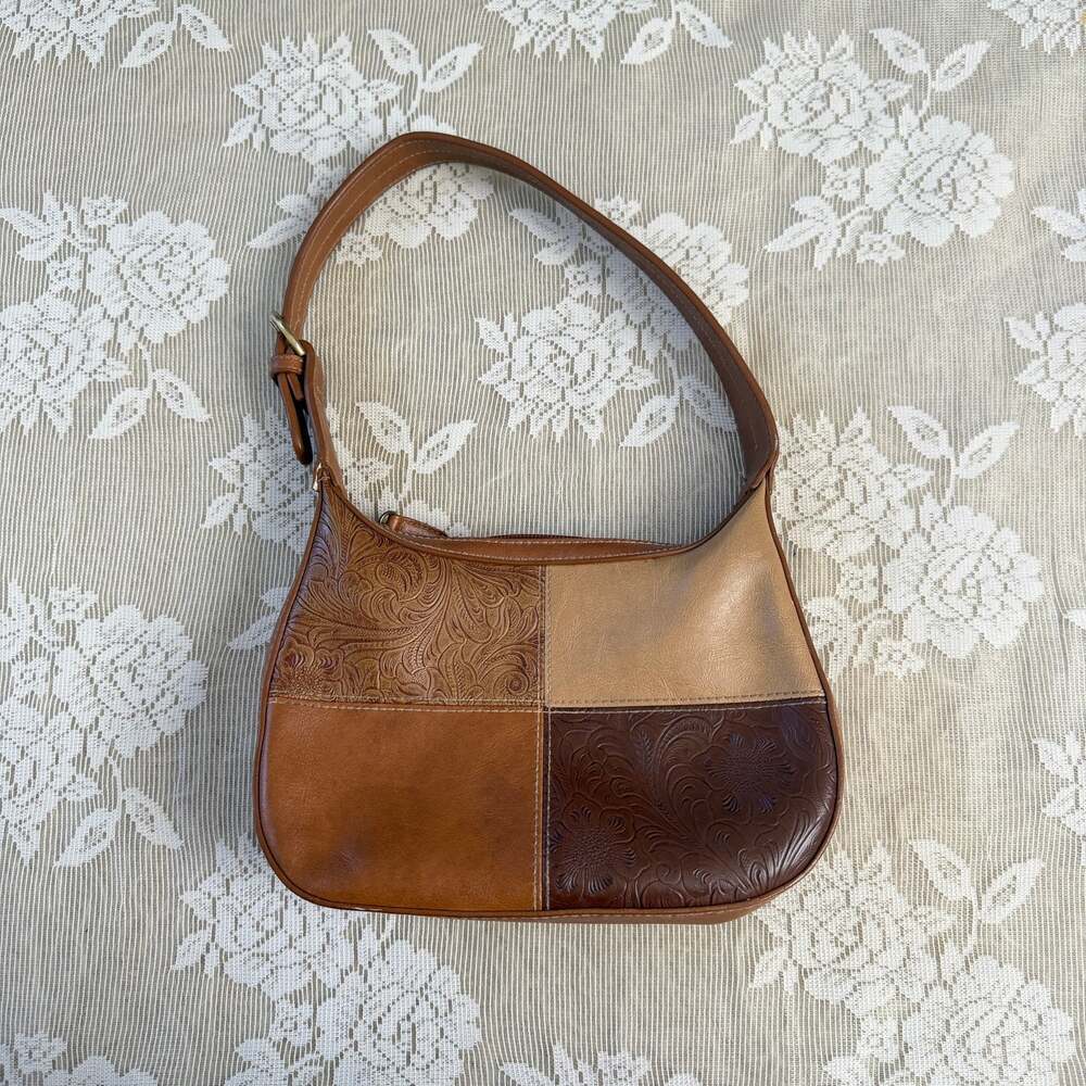 Vintage Y2K Brown Patchwork Tooled Western Shoulder Bag